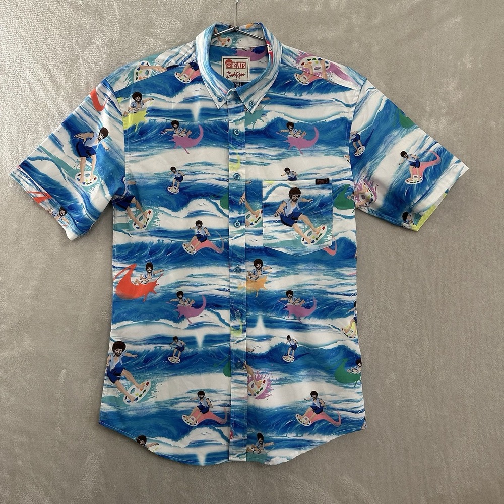 RSVLTS‎ Button Down Short Sleeve Shirt Mens Small Bob Ross Surfs Up Hawaiian
